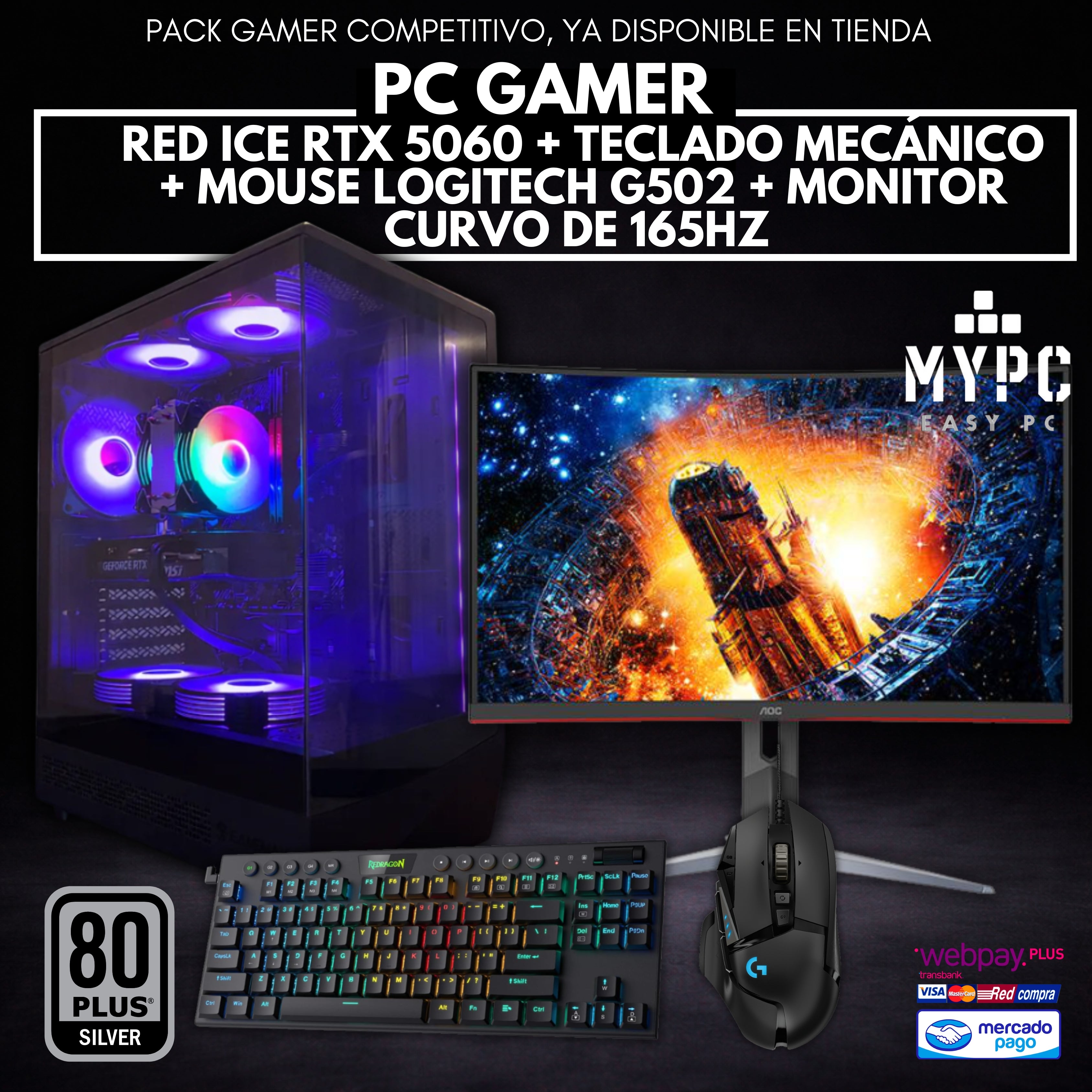 PACK Monitor 165hz + Teclado + Mouse + PC Gamer RED ICE | RTX 5060 8GB | AMD Ryzen 5 5500 | 16GB RAM | 512GB SSD NVMe | Con WIFI y BT